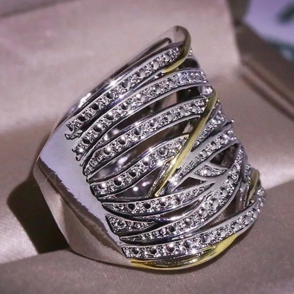 NEW TWO TONE 925 STERLING SILVER DIAMOND RING - Picture 4 of 8